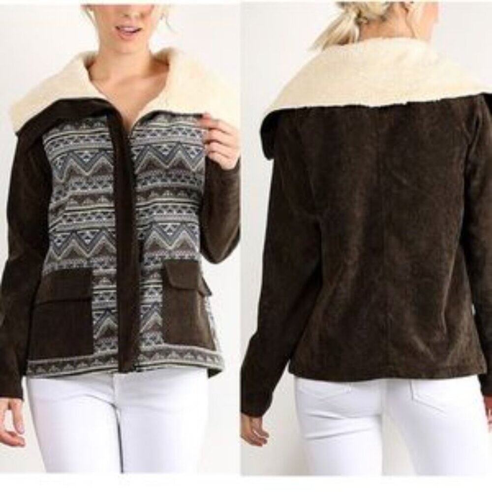 Hem & Thread Green Corduroy Patterned Jacket with Sherpa Cream Collar Size S